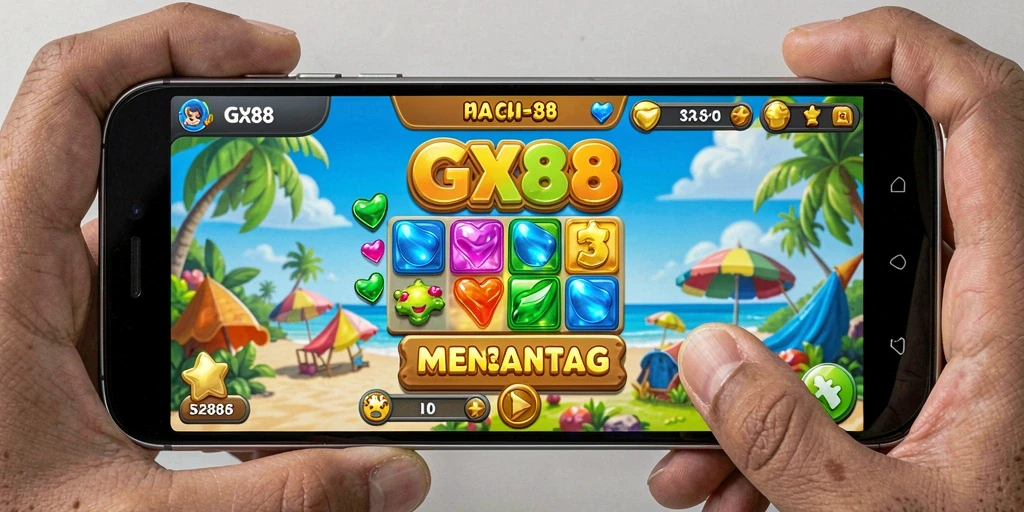 Tampilan gameplay GX88 dengan objek yang berwarna-warni dan tantangan menarik.