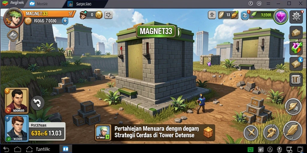 Tangkapan layar gameplay MAGNET33 menampilkan aksi pertahanan menara yang intens.