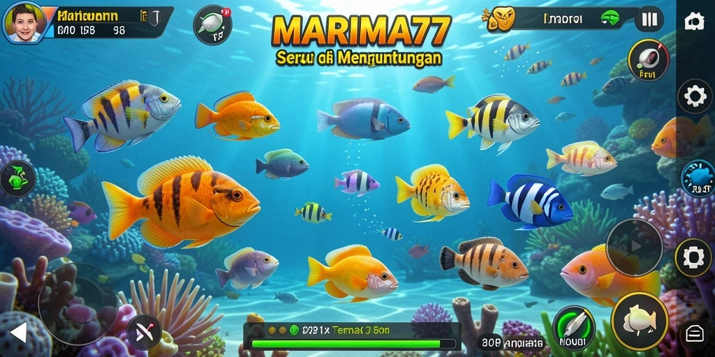 Tampilan gameplay seru dalam MARIMA77 saat menangkap ikan.