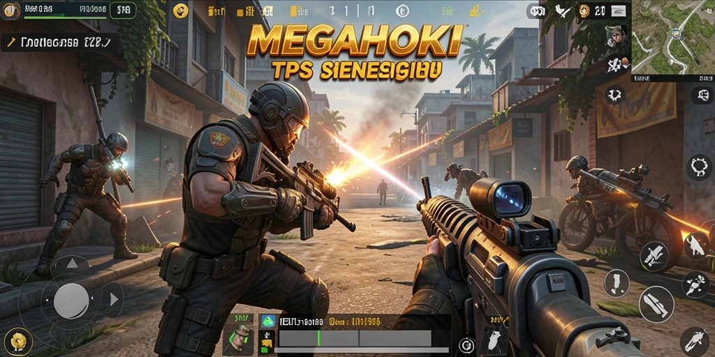 Tampilan gameplay mendebarkan dalam MEGAHOKI dengan aksi tembak-menembak seru.